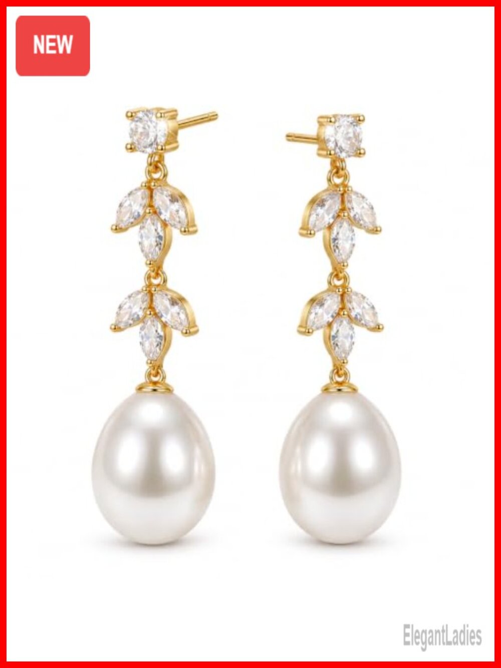 14K Gold Plated Pearl Dangle Drop Earrings Leaf Cubic Zirconia